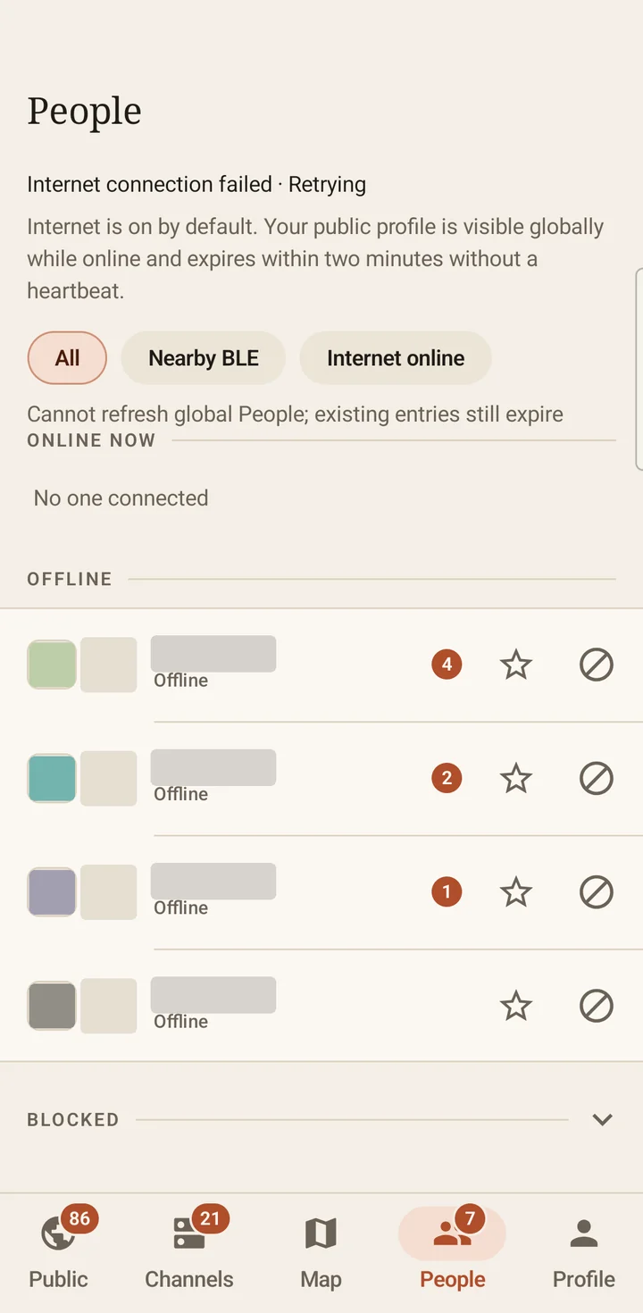 NTsocial 1.7.1 People screen with connection filters and a user list