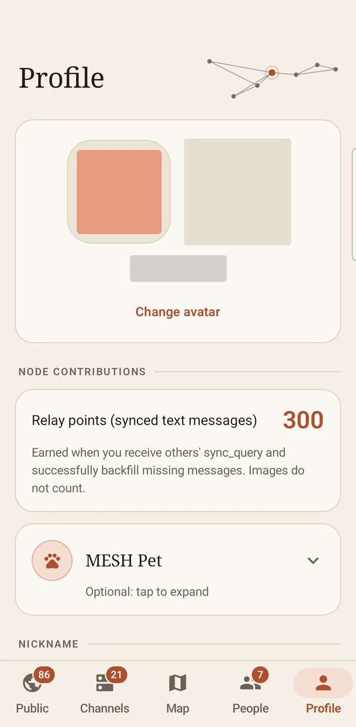NTsocial 1.7.1 Profile screen with a public profile, relay points, and Mesh Pet