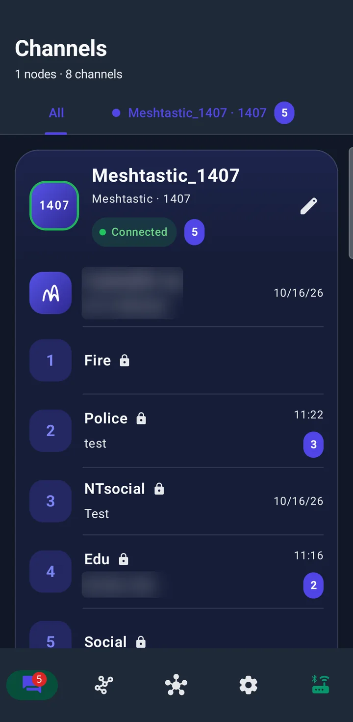 NTsocial MeshLink 1.0.9 Channels screen with the radio selector and channel list
